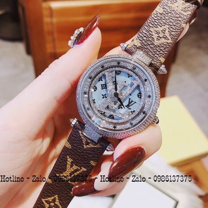 Đồng Hồ Louis Vuitton Nữ Mặt Xoay Dây Da Nâu 37mm Xanh Silver