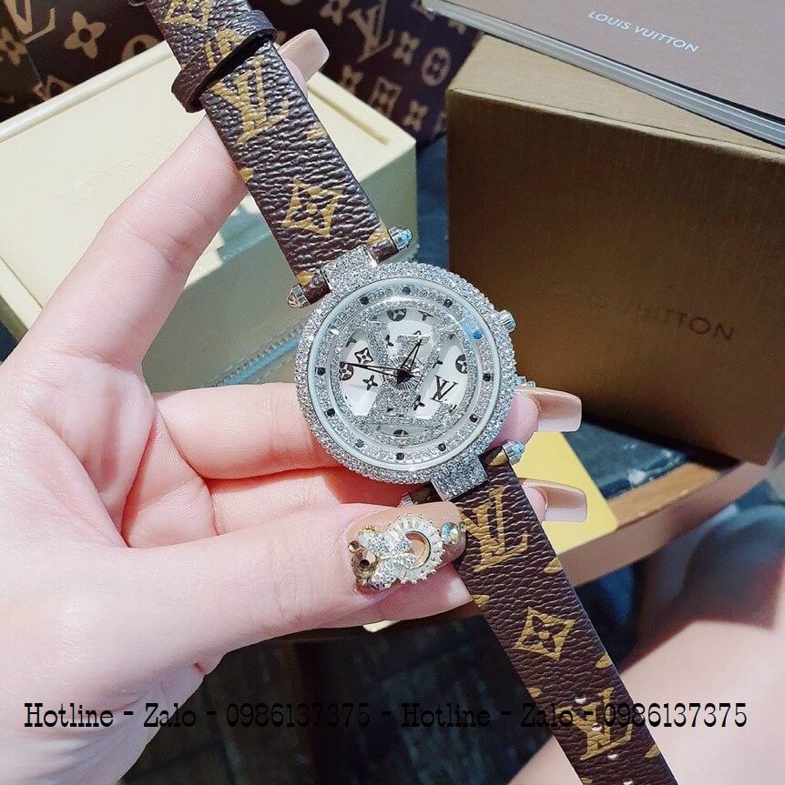 Đồng Hồ Louis Vuitton Mặt Xoay Dây Da Nâu 37mm Silver