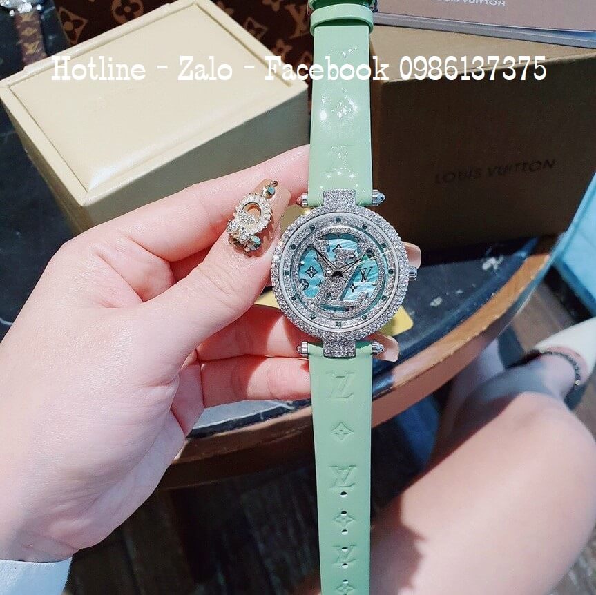 Đồng Hồ Louis Vuitton Mặt Xoay Dây Da Xanh 37mm Silver