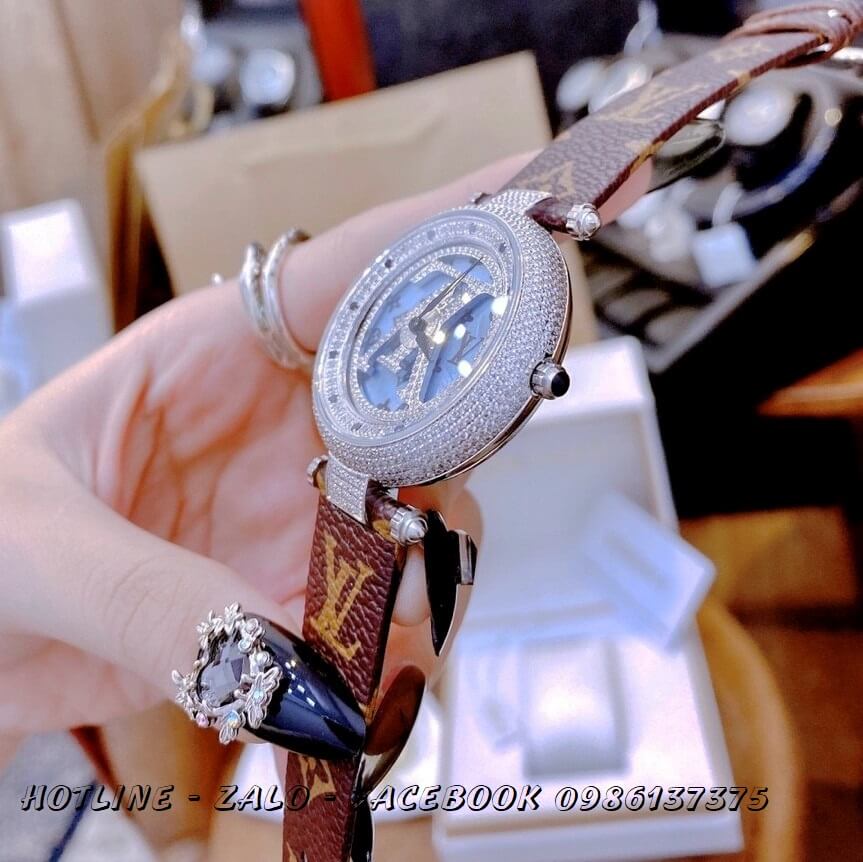 Đồng Hồ Louis Vuitton Siêu Cấp Nữ Dây Da Mặt Xoay 37mm Silver