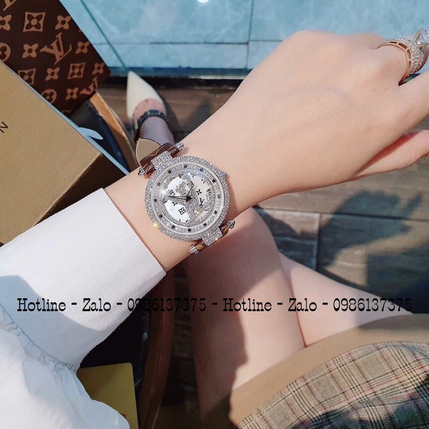 Đồng Hồ Louis Vuitton Mặt Xoay Dây Da Nâu 37mm Silver