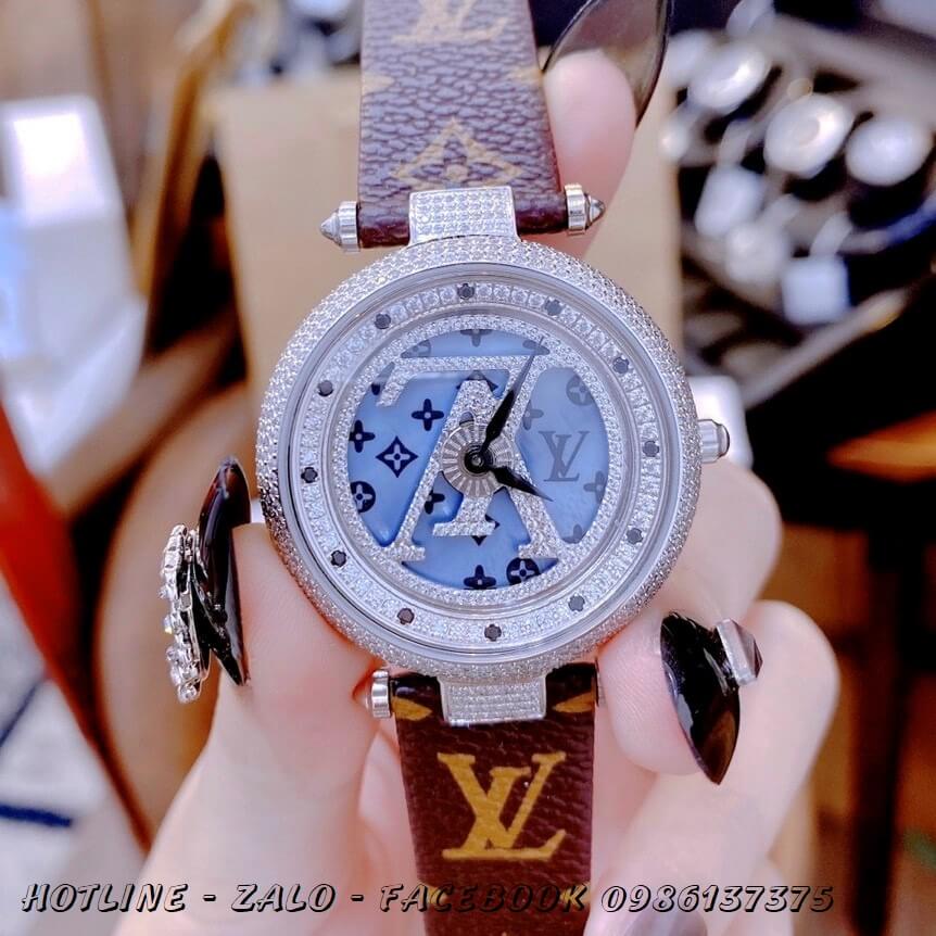 Đồng Hồ Louis Vuitton Siêu Cấp Nữ Dây Da Mặt Xoay 37mm Silver