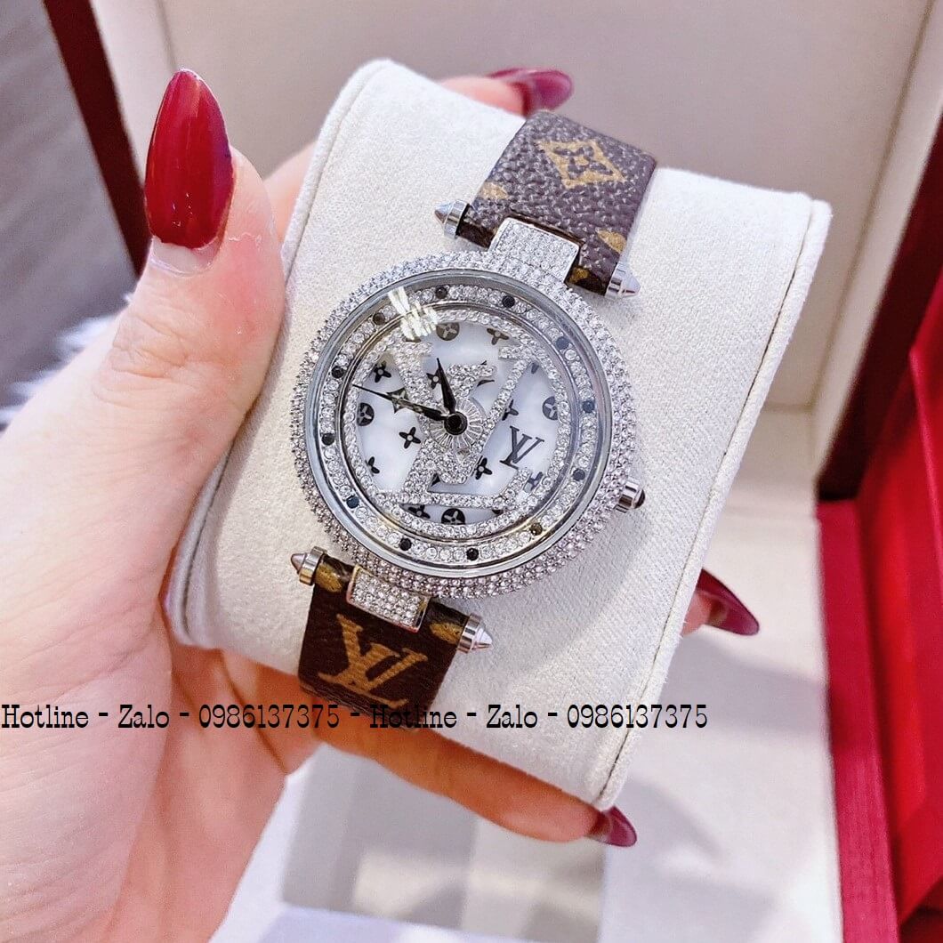 Đồng Hồ Louis Vuitton Mặt Xoay Dây Da Nâu 37mm Silver