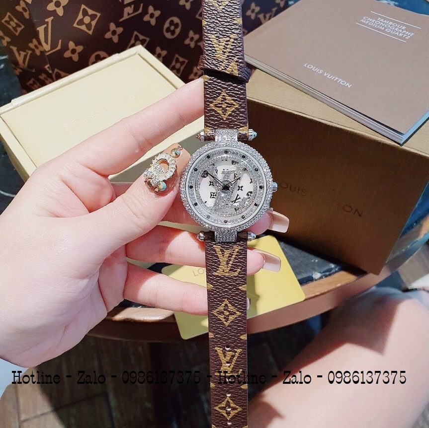 Đồng Hồ Louis Vuitton Mặt Xoay Dây Da Nâu 37mm Silver