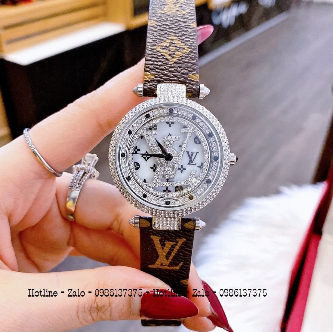 Đồng Hồ Louis Vuitton Mặt Xoay Dây Da Nâu 37mm Silver