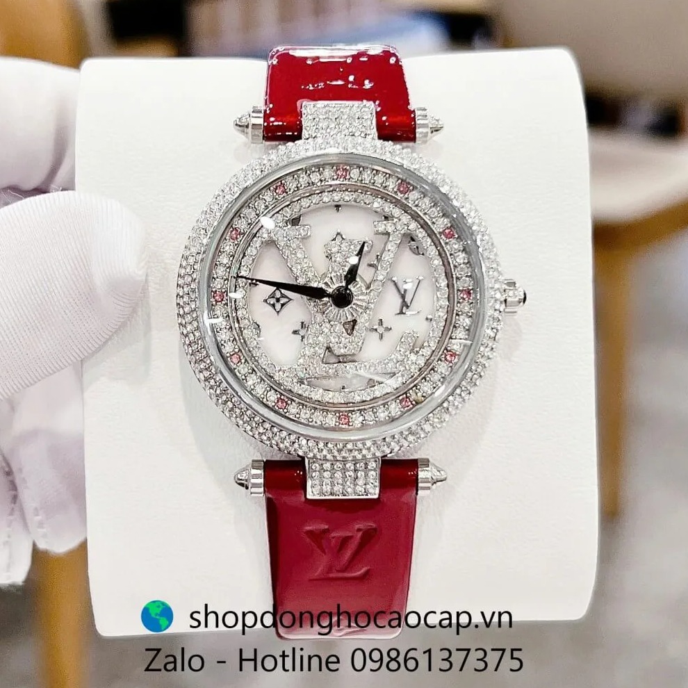 Đồng hồ Louis Vuitton nữ dây da đỏ size 38mm - Đồng hồ LV nữ mặt xoay vỏ silver Quartz