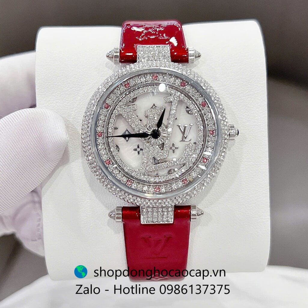 Đồng hồ Louis Vuitton nữ dây da đỏ size 38mm - Đồng hồ LV nữ mặt xoay vỏ silver Quartz