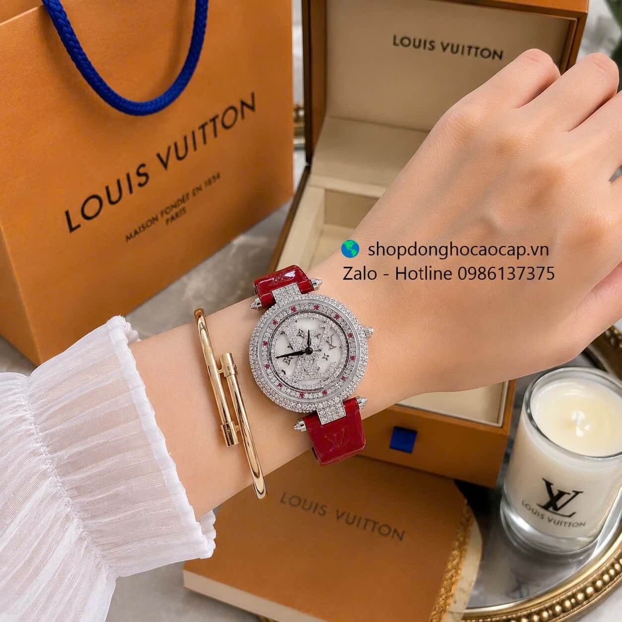 Đồng hồ Louis Vuitton nữ dây da đỏ size 38mm - Đồng hồ LV nữ mặt xoay vỏ silver Quartz