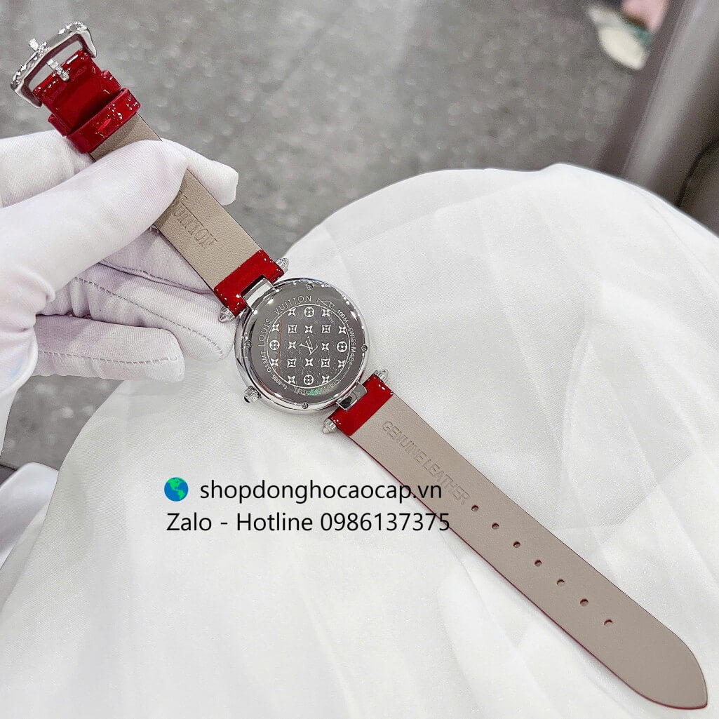 Đồng hồ Louis Vuitton nữ dây da đỏ size 38mm - Đồng hồ LV nữ mặt xoay vỏ silver Quartz