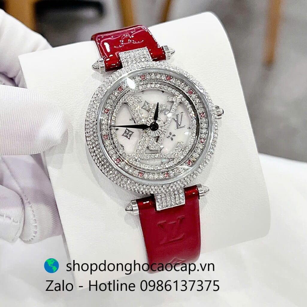 Đồng hồ Louis Vuitton nữ dây da đỏ size 38mm - Đồng hồ LV nữ mặt xoay vỏ silver Quartz