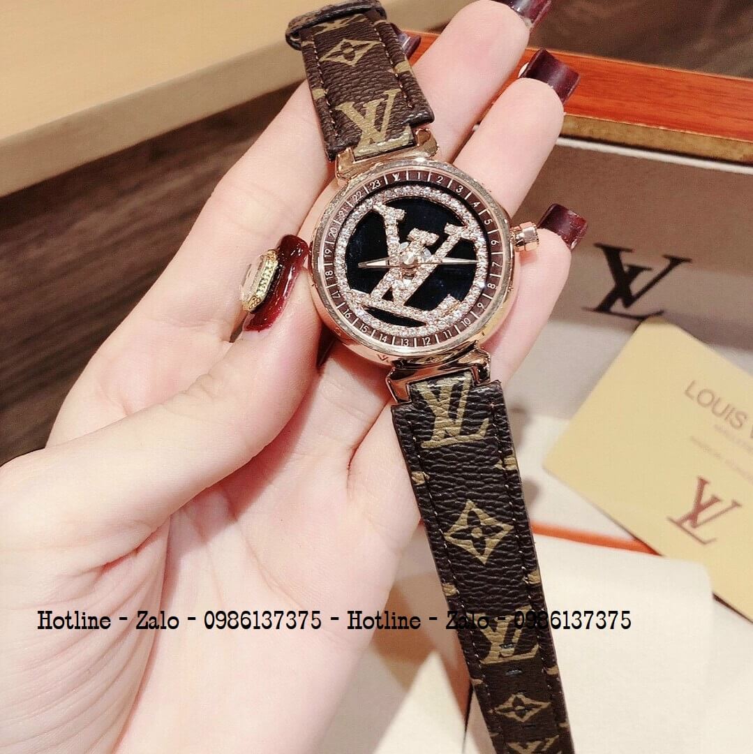 Đồng Hồ Louis Vuitton Nữ Dây Da Nâu Mặt Xoay 34mm