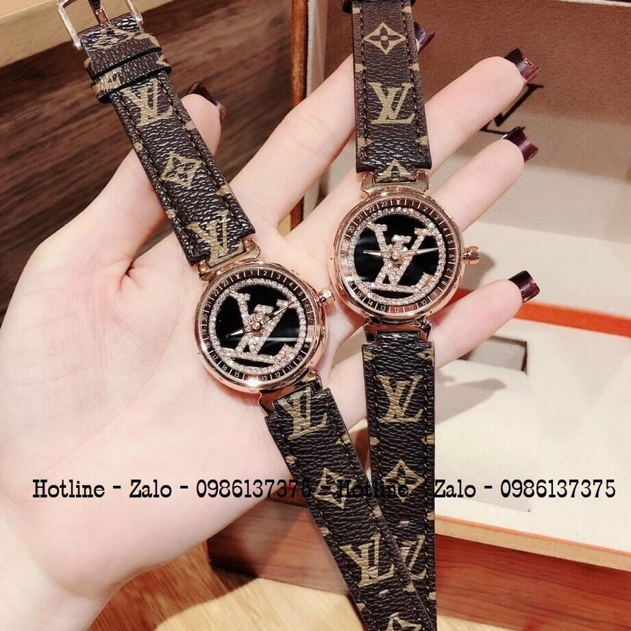 Đồng Hồ Louis Vuitton Nữ Dây Da Nâu Mặt Xoay 34mm