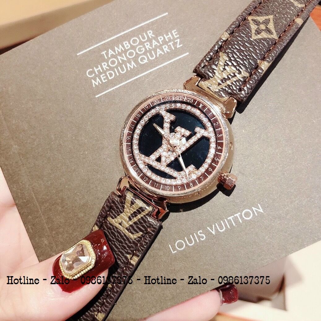 Đồng Hồ Louis Vuitton Nữ Dây Da Nâu Mặt Xoay 34mm