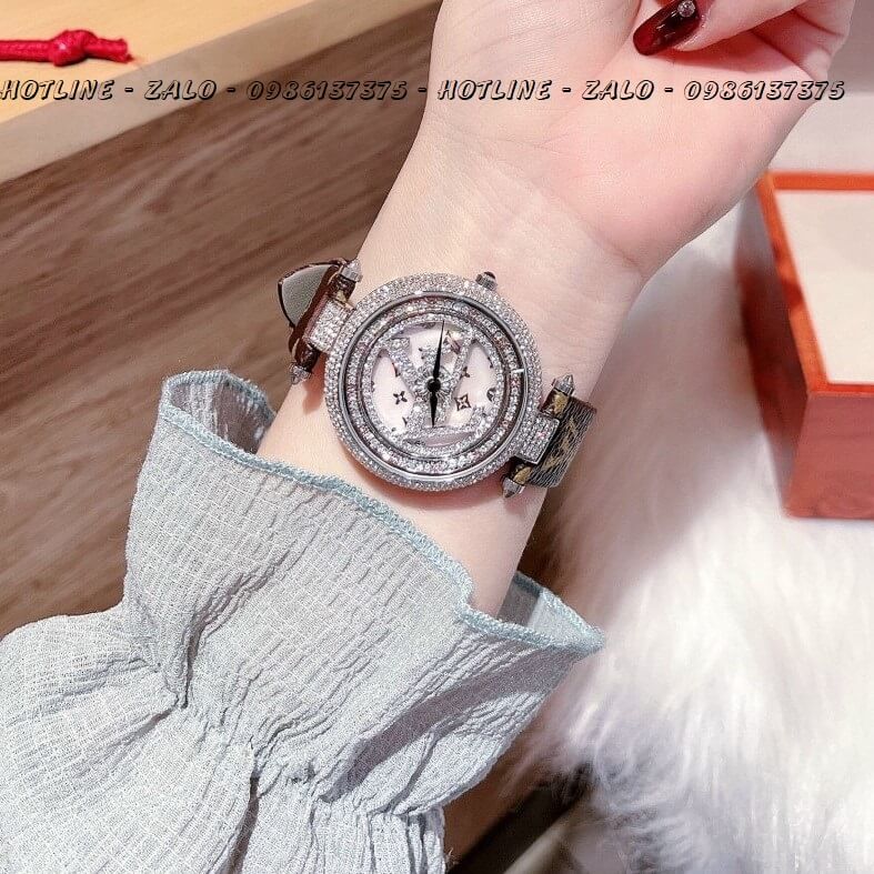 Đồng Hồ Nữ Louis Vuitton Mặt Xoay Dây Da LV Nâu 37mm