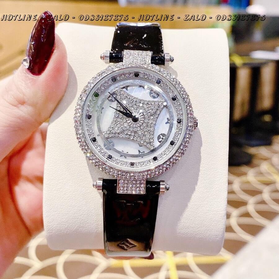 Đồng Hồ Nữ Louis Vuitton Mặt Xoay Dây Da Đen 37mm Silver