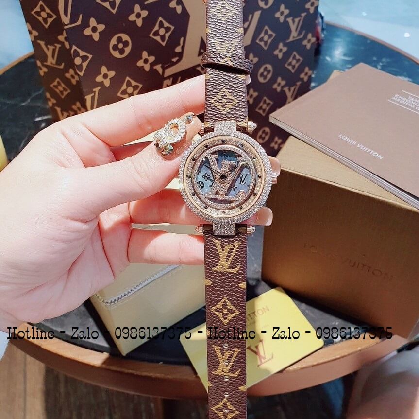 Đồng Hồ Louis Vuitton Mặt Xoay Dây Da Nâu 37mm Xanh Rose