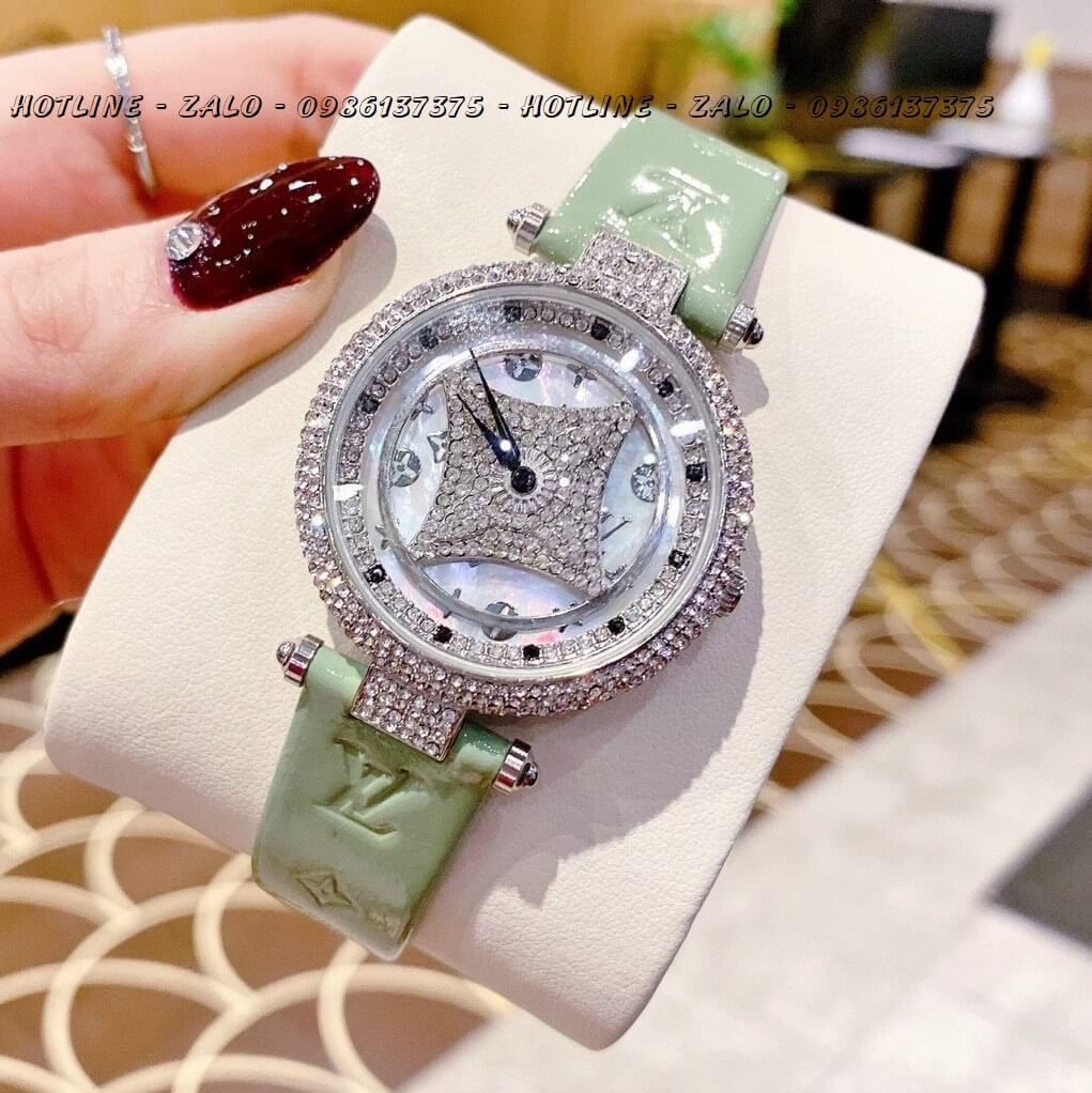 Đồng Hồ Nữ Louis Vuitton Mặt Xoay Dây Da Xanh Mint 37mm Silver