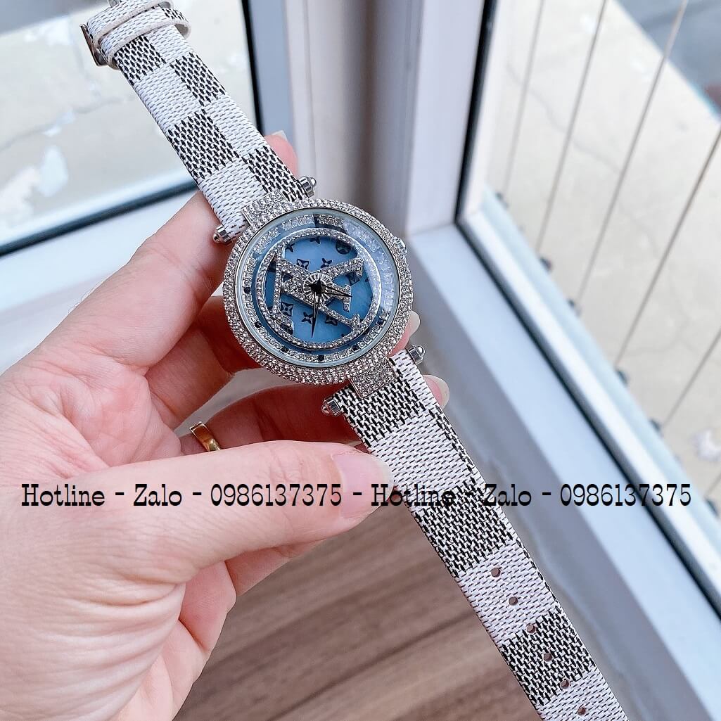 Đồng Hồ Louis Vuitton Mặt Xoay Dây Da Caro 37mm Silver