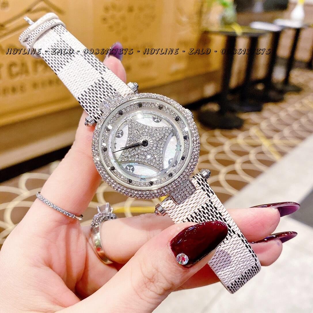 Đồng Hồ Nữ Louis Vuitton Mặt Xoay Dây Da Caro 37mm Silver