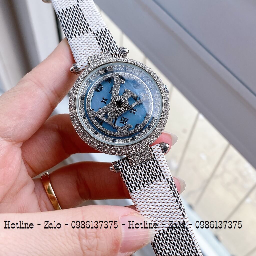 Đồng Hồ Louis Vuitton Mặt Xoay Dây Da Caro 37mm Silver