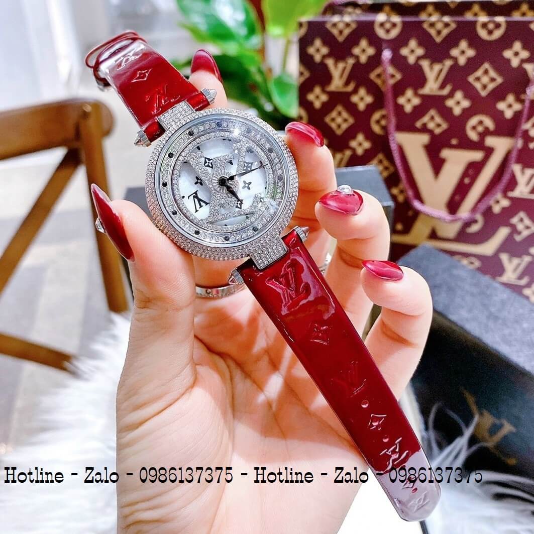 Đồng Hồ Louis Vuitton Mặt Xoay Dây Da Đỏ Đậm 37mm Silver