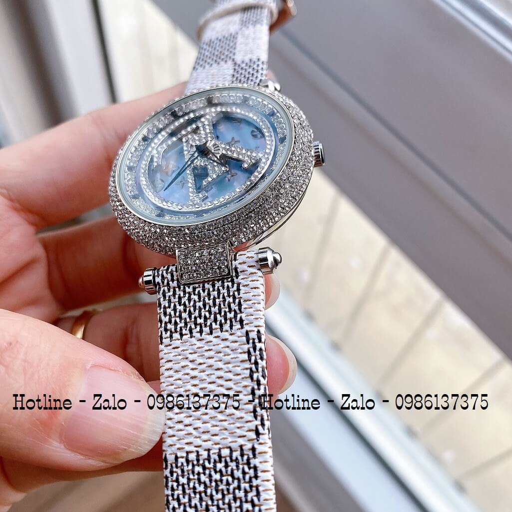 Đồng Hồ Louis Vuitton Mặt Xoay Dây Da Caro 37mm Silver