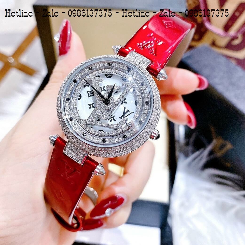 Đồng Hồ Louis Vuitton Mặt Xoay Dây Da Đỏ Đậm 37mm Silver