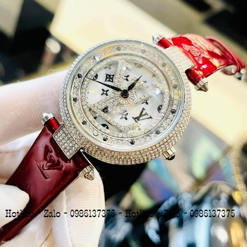 Đồng Hồ Louis Vuitton Mặt Xoay Dây Da Đỏ Đậm 37mm Silver