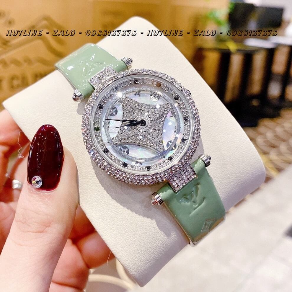 Đồng Hồ Nữ Louis Vuitton Mặt Xoay Dây Da Xanh Mint 37mm Silver