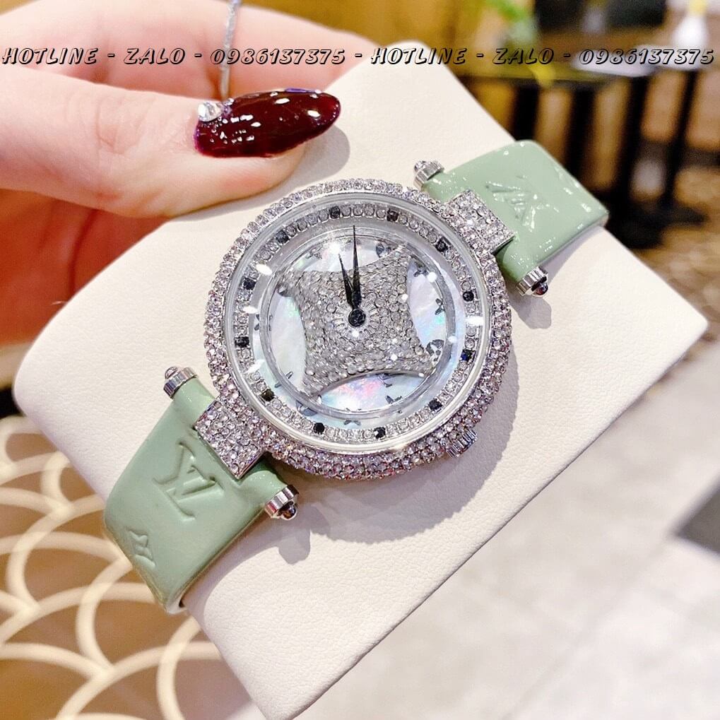 Đồng Hồ Nữ Louis Vuitton Mặt Xoay Dây Da Xanh Mint 37mm Silver