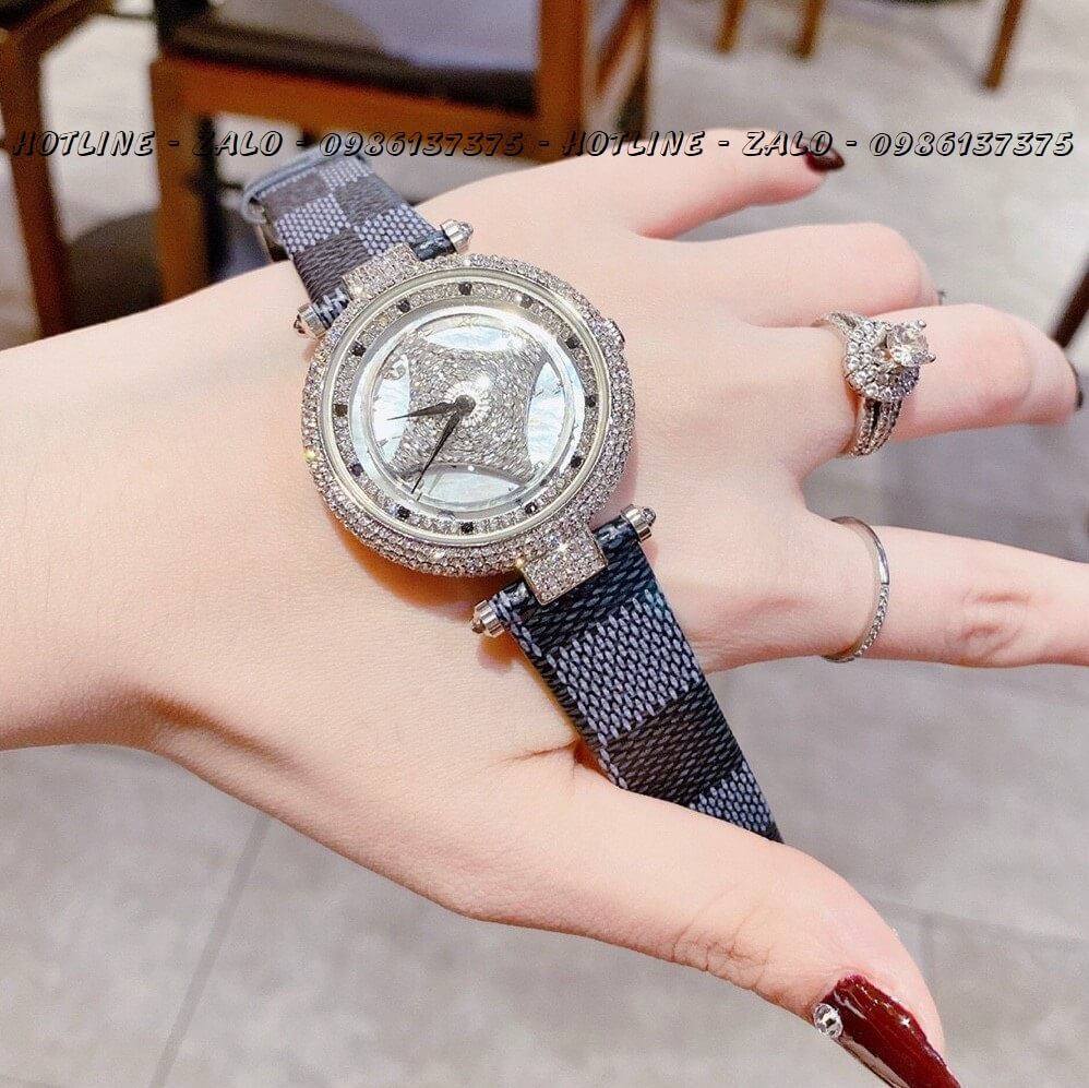 Đồng Hồ Nữ Louis Vuitton Mặt Xoay Dây Da Caro 37mm Silver