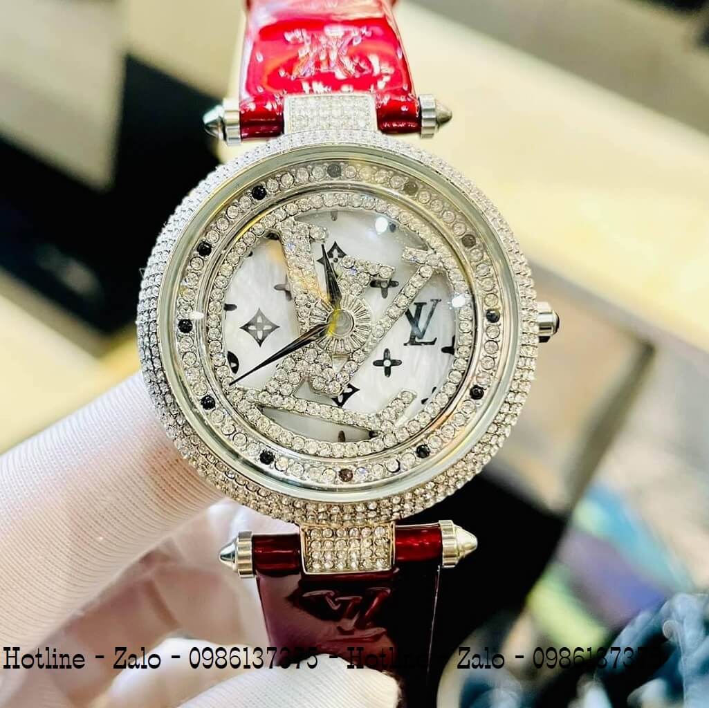 Đồng Hồ Louis Vuitton Mặt Xoay Dây Da Đỏ Đậm 37mm Silver