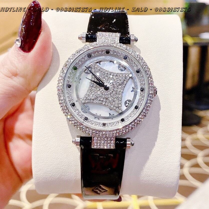 Đồng Hồ Nữ Louis Vuitton Mặt Xoay Dây Da Đen 37mm Silver