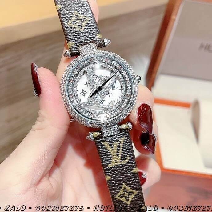 Đồng Hồ Nữ Louis Vuitton Mặt Xoay Dây Da LV Nâu 37mm