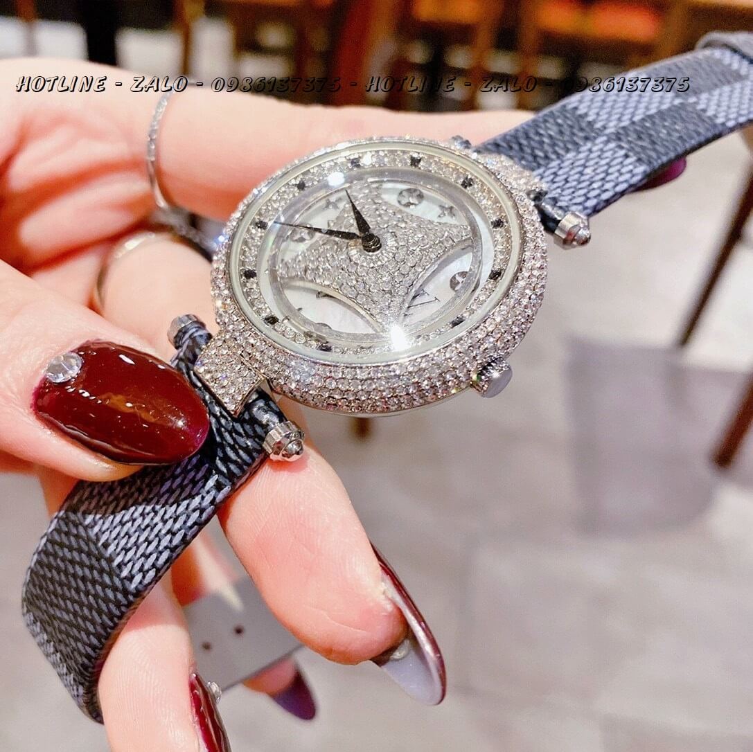 Đồng Hồ Nữ Louis Vuitton Mặt Xoay Dây Da Caro 37mm Silver