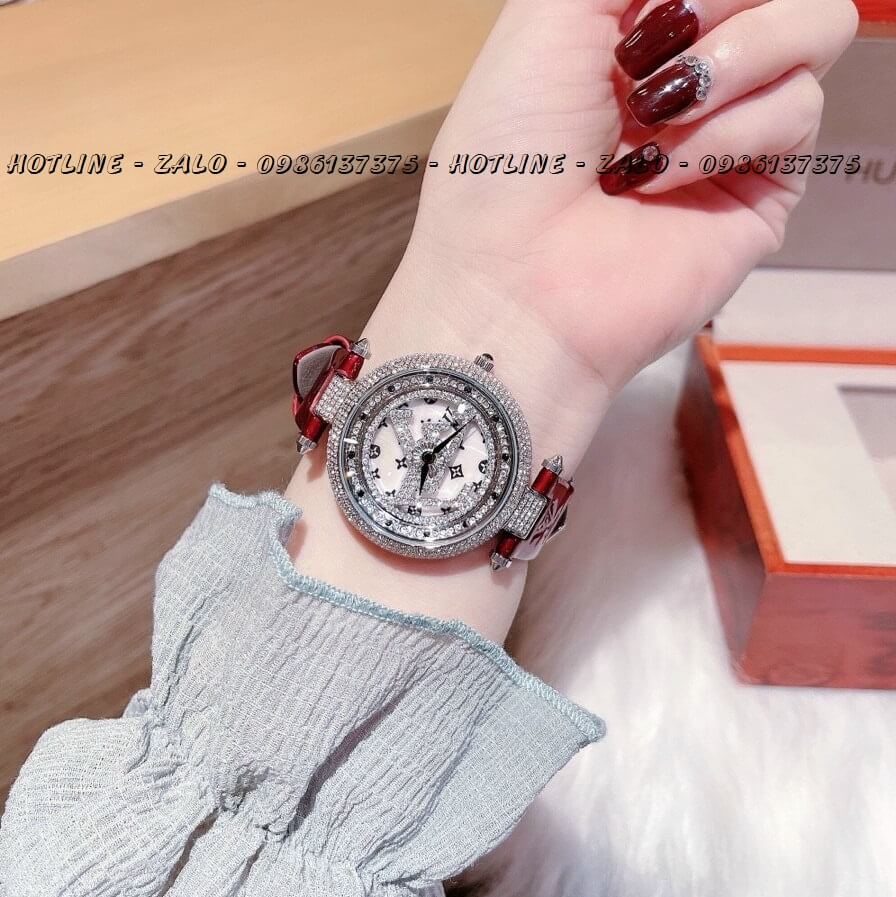 Đồng Hồ Nữ Louis Vuitton Mặt Xoay Dây Da Đỏ Bóng 37mm Silver