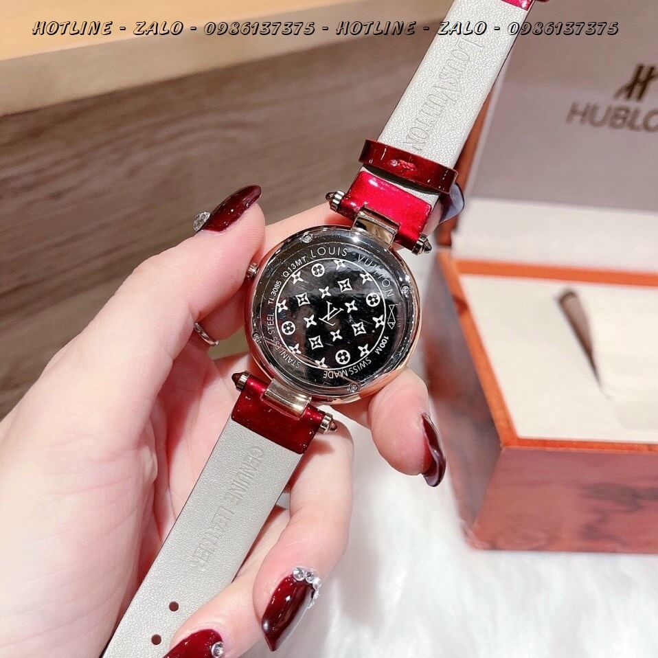 Đồng Hồ Nữ Louis Vuitton Mặt Xoay Dây Da Đỏ Bóng 37mm Silver