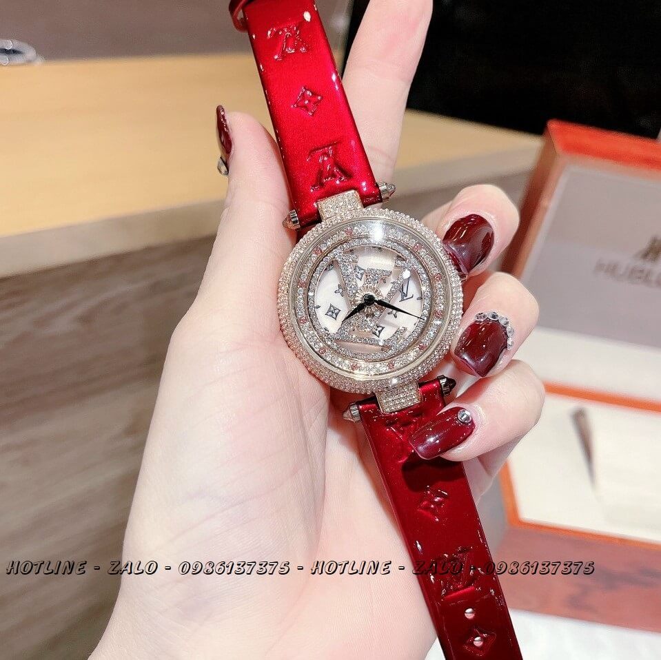 Đồng Hồ Nữ Louis Vuitton Mặt Xoay Dây Da Đỏ Bóng 37mm Rose