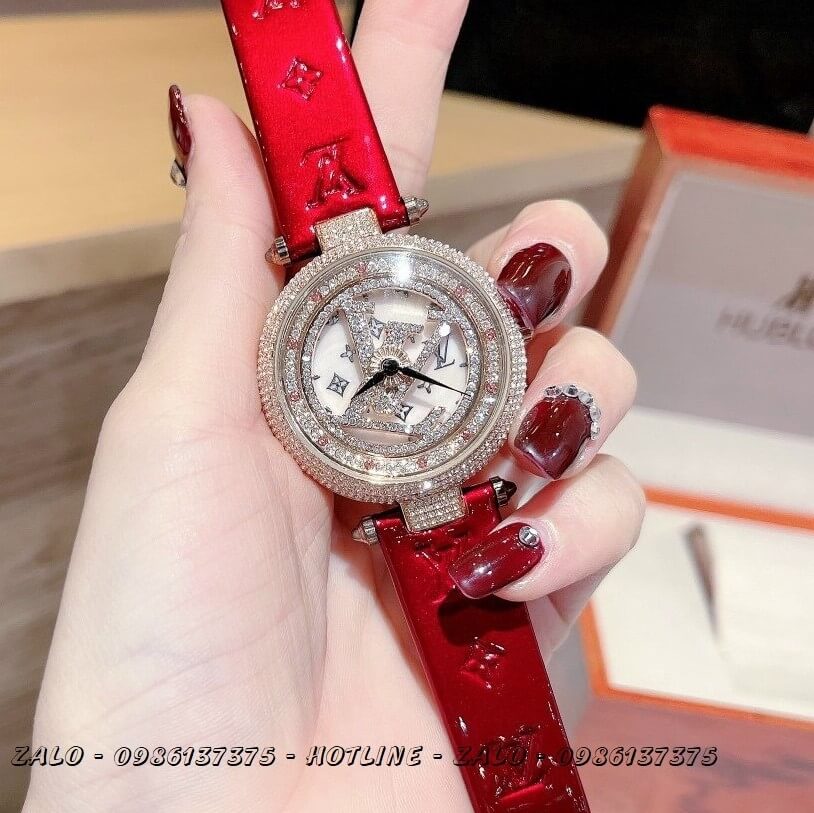 Đồng Hồ Nữ Louis Vuitton Mặt Xoay Dây Da Đỏ Bóng 37mm Rose