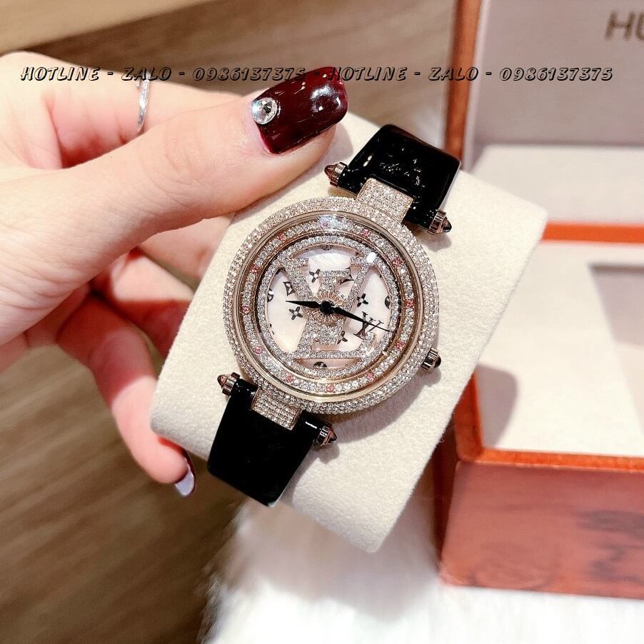 Đồng Hồ Nữ Louis Vuitton Mặt Xoay Dây Da Đen Bóng 37mm Rose