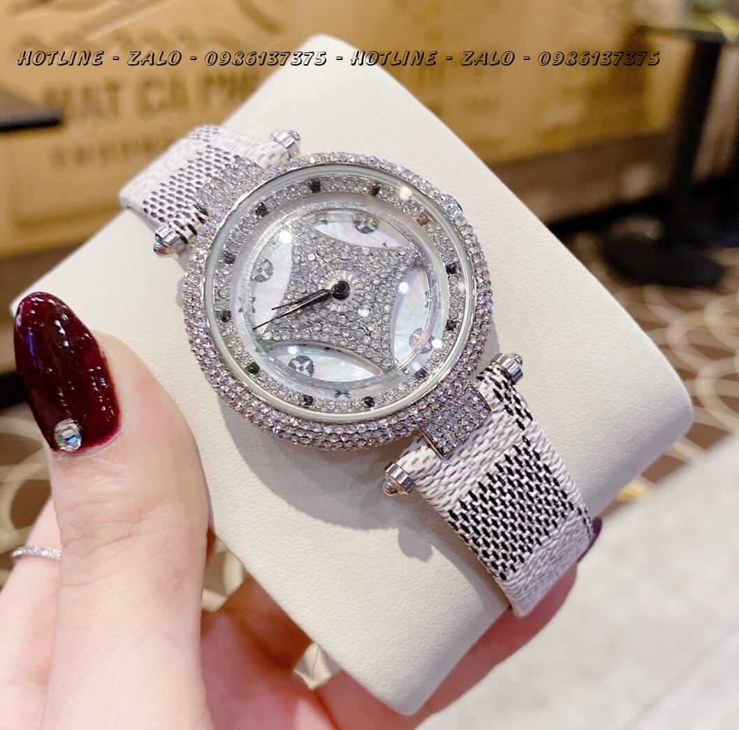 Đồng Hồ Nữ Louis Vuitton Mặt Xoay Dây Da Caro 37mm Silver