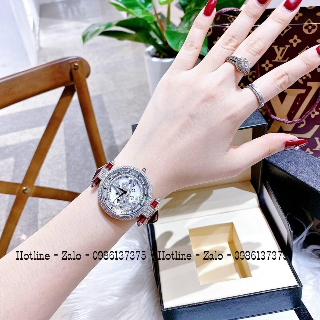 Đồng Hồ Louis Vuitton Mặt Xoay Dây Da Đỏ Đậm 37mm Silver