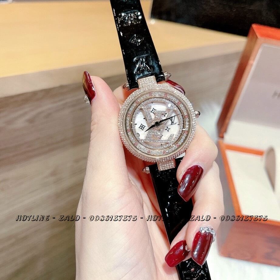 Đồng Hồ Nữ Louis Vuitton Mặt Xoay Dây Da Đen Bóng 37mm Rose