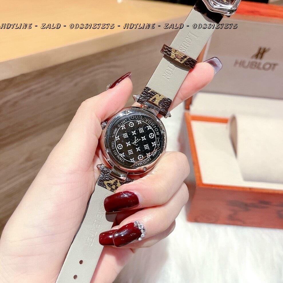 Đồng Hồ Nữ Louis Vuitton Mặt Xoay Dây Da LV Nâu 37mm