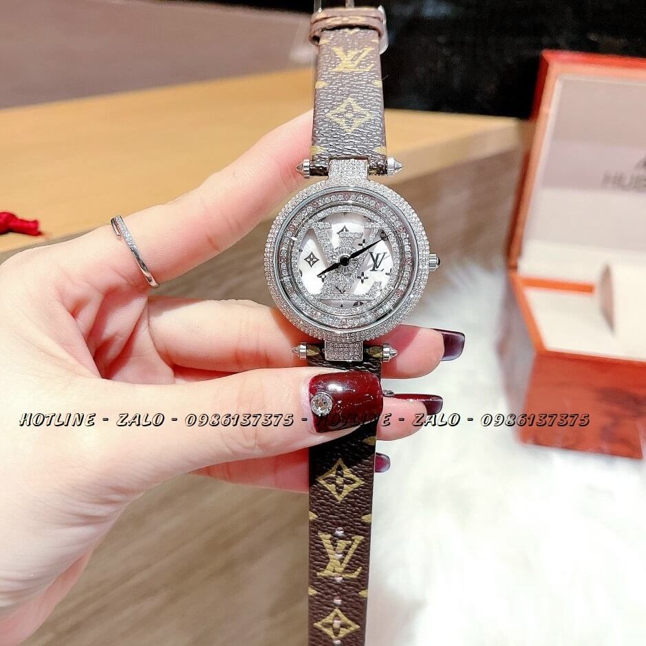 Đồng Hồ Nữ Louis Vuitton Mặt Xoay Dây Da LV Nâu 37mm