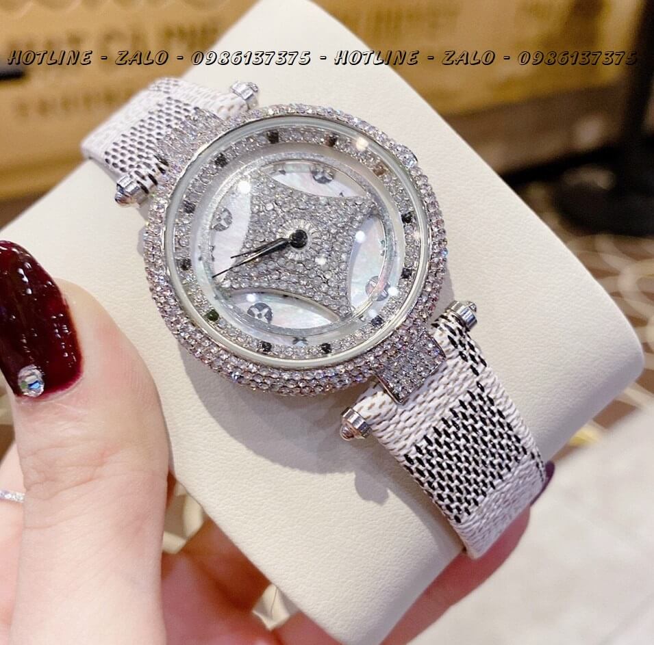 Đồng Hồ Nữ Louis Vuitton Mặt Xoay Dây Da Caro 37mm Silver