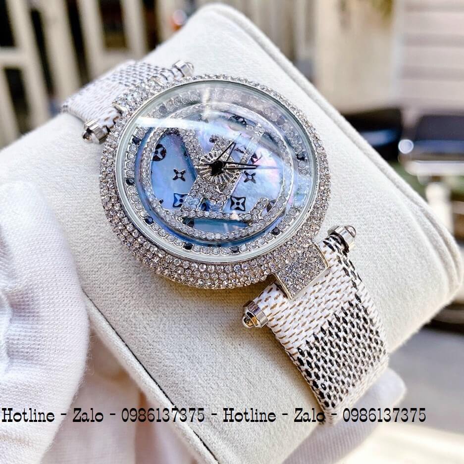 Đồng Hồ Louis Vuitton Nữ Mặt Xoay Dây Da Caro 37mm Silver