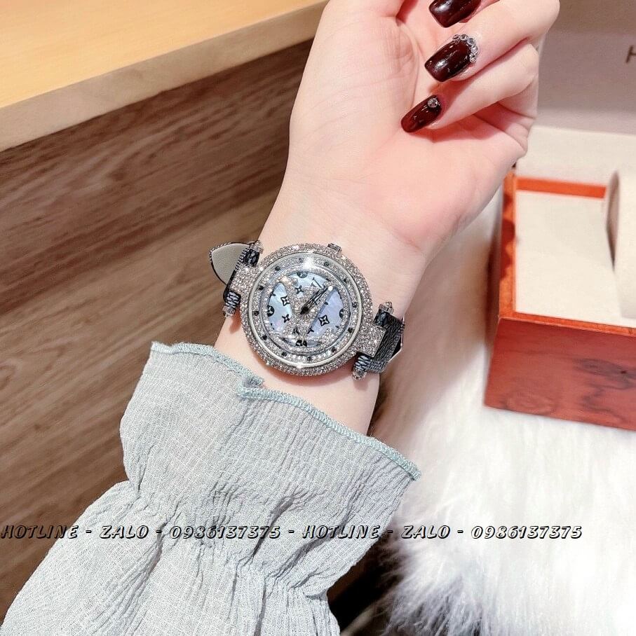 Đồng Hồ Nữ Louis Vuitton Mặt Xoay Dây Da LV Xanh Xám 37mm