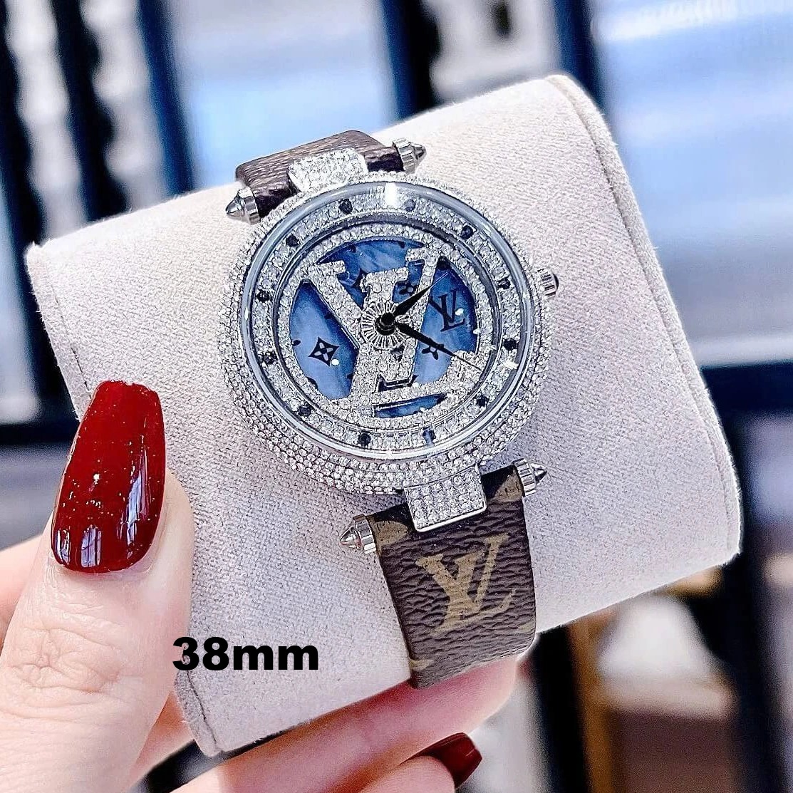 Đồng Hồ Nữ Louis Vuitton Dây Da Nâu Logo Mặt LV Xoay Đính Đá Size 38mm - Vỏ Silver