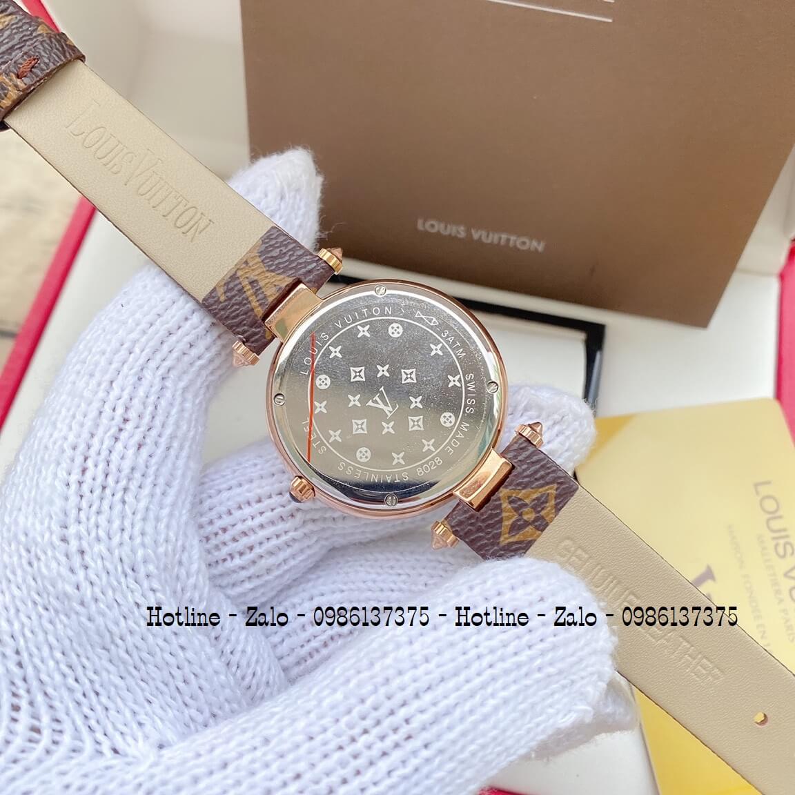 Đồng Hồ Louis Vuitton Nữ Dây Da Nâu Mặt Xoay 37mm